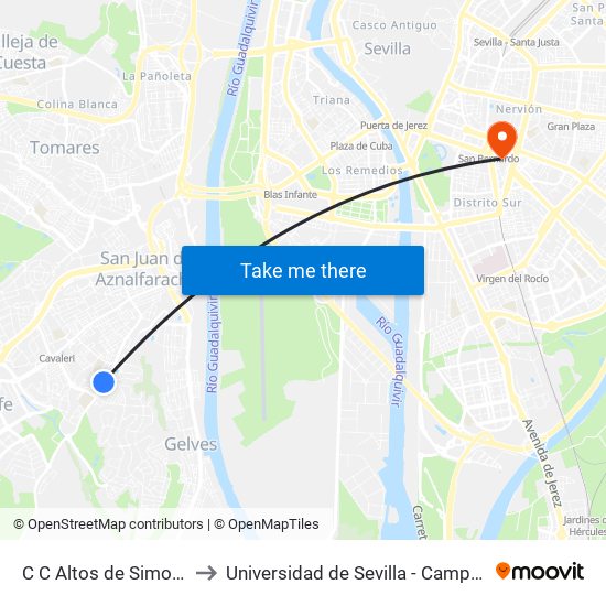 C C Altos de Simon Verde (V) to Universidad de Sevilla - Campus Ramón y Cajal map