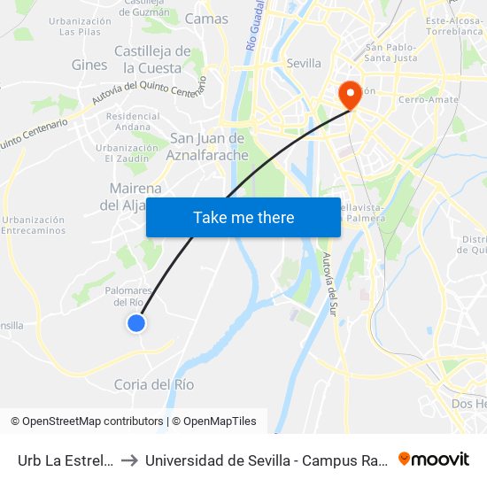 Urb La Estrella (V) to Universidad de Sevilla - Campus Ramón y Cajal map