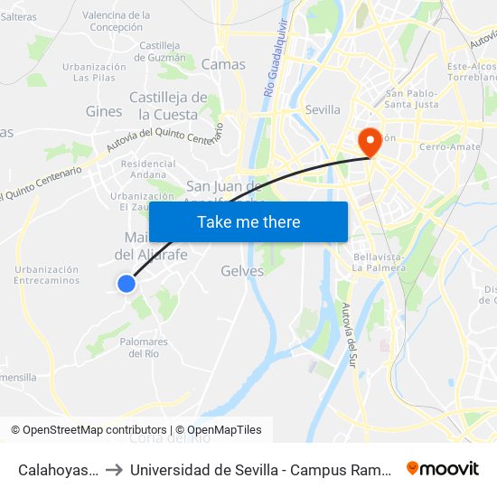 Calahoyas (V) to Universidad de Sevilla - Campus Ramón y Cajal map
