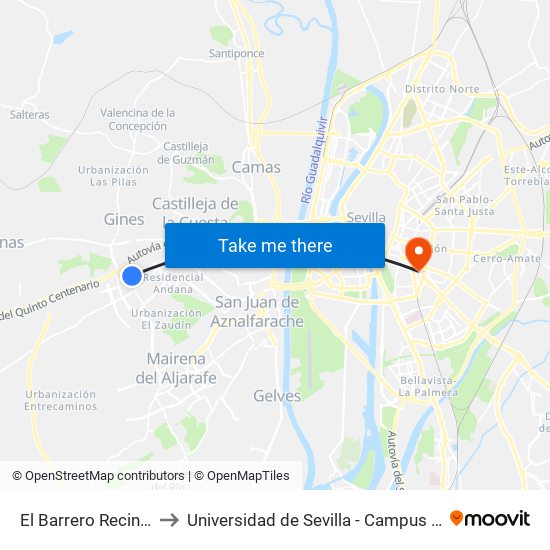 El Barrero Recinto Ferial to Universidad de Sevilla - Campus Ramón y Cajal map