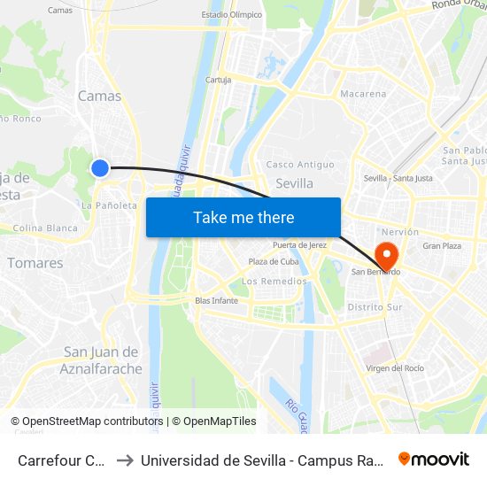 Carrefour Camas to Universidad de Sevilla - Campus Ramón y Cajal map
