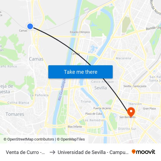 Venta de Curro -Frente- (V) to Universidad de Sevilla - Campus Ramón y Cajal map