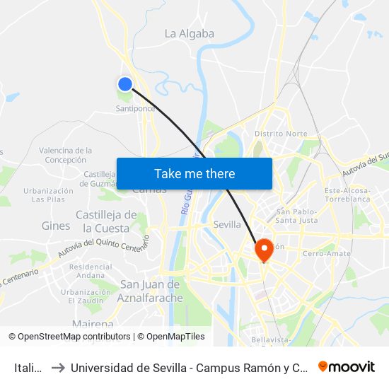 Italica to Universidad de Sevilla - Campus Ramón y Cajal map