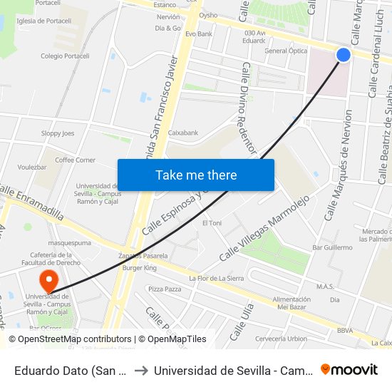 Eduardo Dato (San Juan de Dios) to Universidad de Sevilla - Campus Ramón y Cajal map