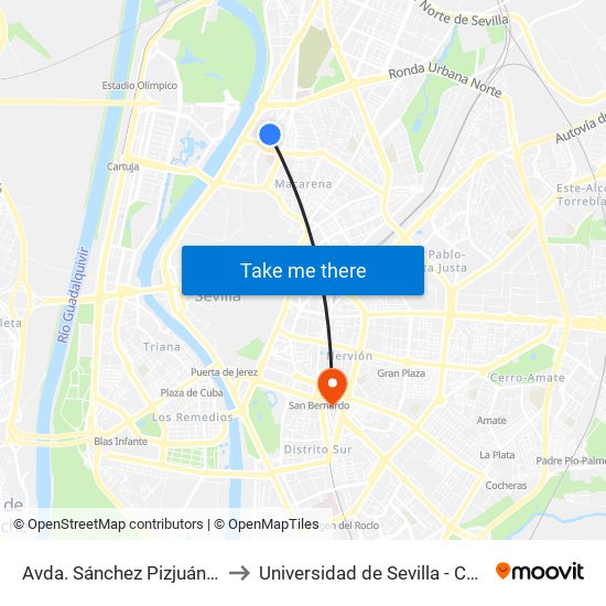 Avda. Sánchez Pizjuán (Macarena Cinco) to Universidad de Sevilla - Campus Ramón y Cajal map