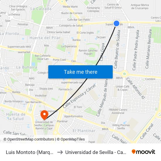 Luis Montoto (Marqués de Nervión) to Universidad de Sevilla - Campus Ramón y Cajal map