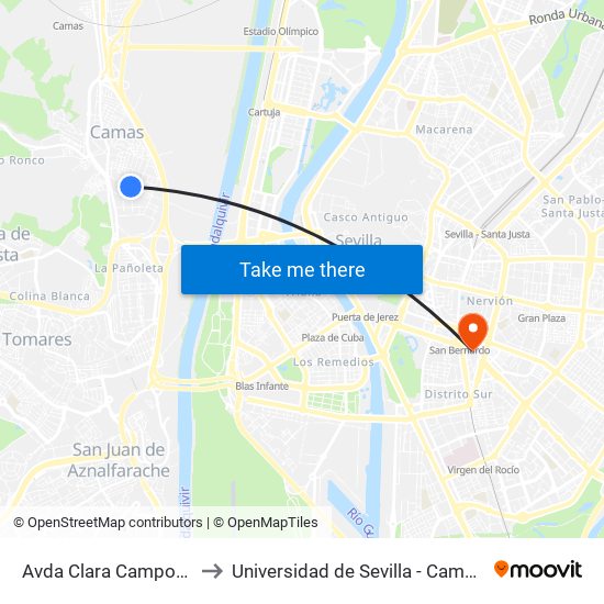 Avda Clara Campoamor (Hotel) to Universidad de Sevilla - Campus Ramón y Cajal map