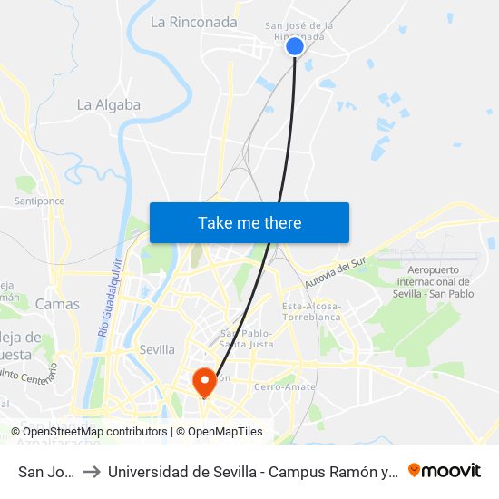 San José to Universidad de Sevilla - Campus Ramón y Cajal map