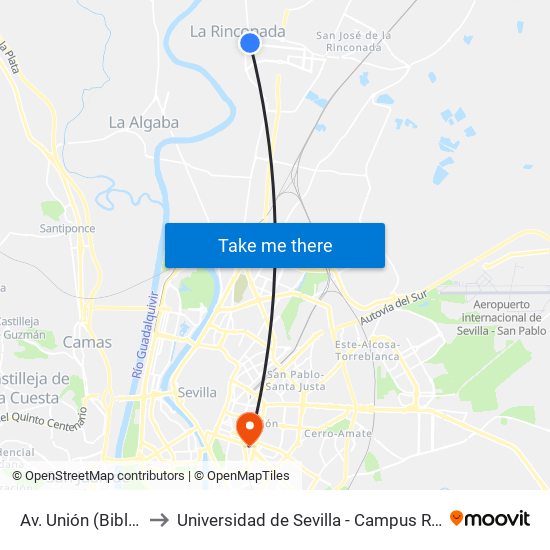 Av. Unión (Biblioteca) to Universidad de Sevilla - Campus Ramón y Cajal map