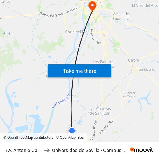 Av. Antonio Calvo Ruiz to Universidad de Sevilla - Campus Ramón y Cajal map