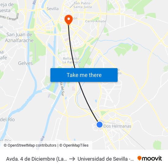 Avda. 4 de Diciembre (La Motilla - Sevilla Factory) to Universidad de Sevilla - Campus Ramón y Cajal map