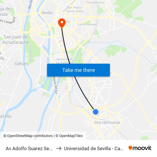 Av Adolfo Suarez Segunda Parada V to Universidad de Sevilla - Campus Ramón y Cajal map