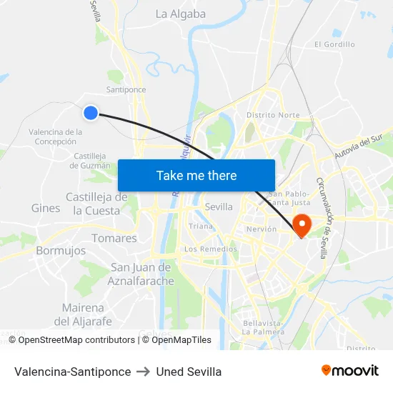 Valencina-Santiponce to Uned Sevilla map