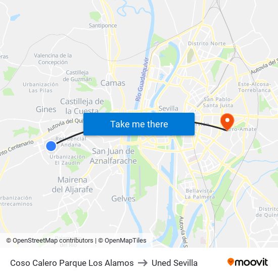 Coso Calero Parque Los Alamos to Uned Sevilla map
