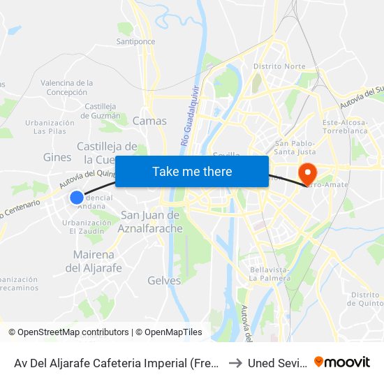Av Del Aljarafe Cafeteria Imperial (Frente) to Uned Sevilla map