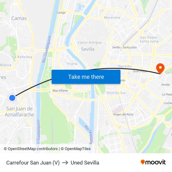 Carrefour San Juan (V) to Uned Sevilla map