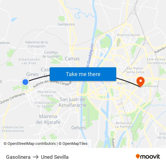 Gasolinera to Uned Sevilla map