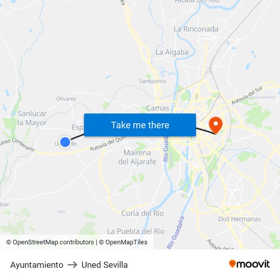 Ayuntamiento to Uned Sevilla map