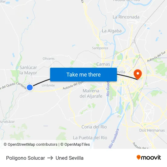 Poligono Solucar to Uned Sevilla map