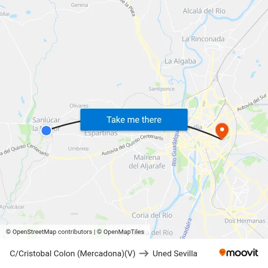 C/Cristobal Colon (Mercadona)(V) to Uned Sevilla map