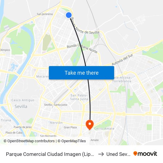 Parque Comercial Ciudad Imagen (Lipasam) to Uned Sevilla map