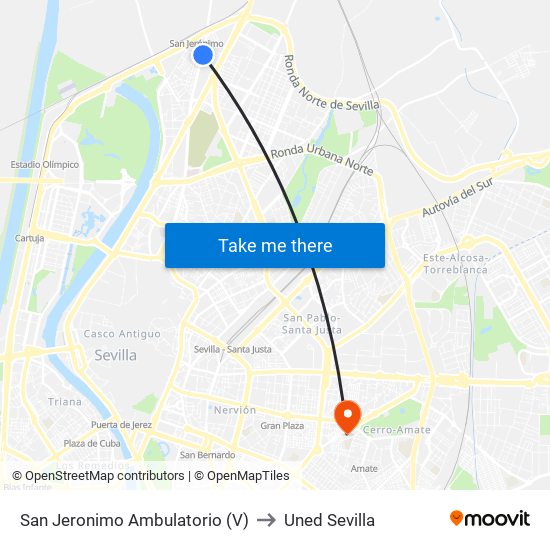 San Jeronimo Ambulatorio (V) to Uned Sevilla map