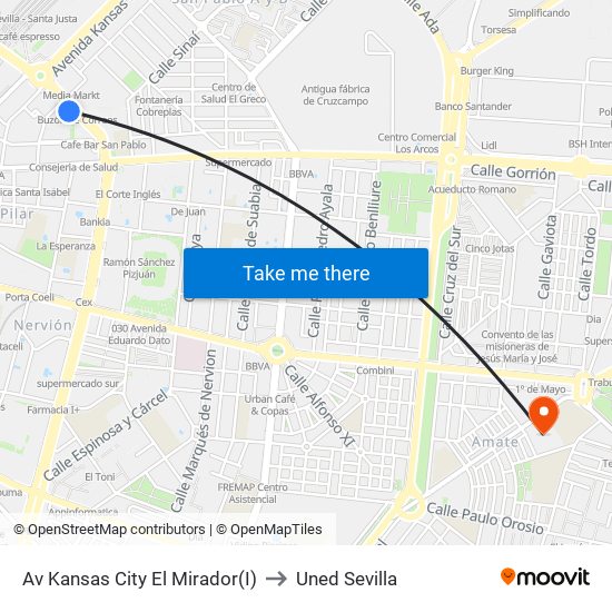 Av Kansas City El Mirador(I) to Uned Sevilla map