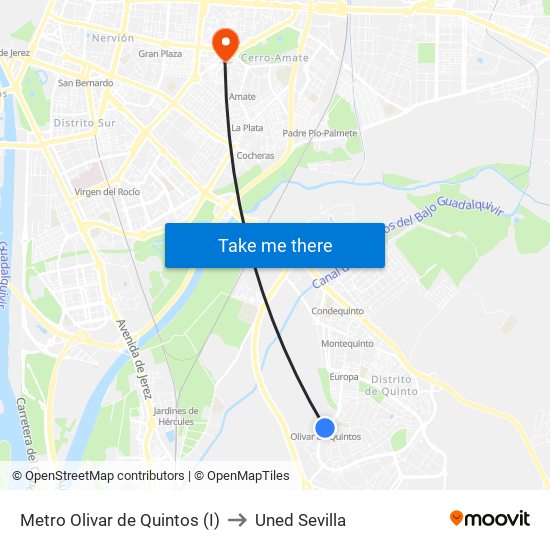 Metro Olivar de Quintos (I) to Uned Sevilla map