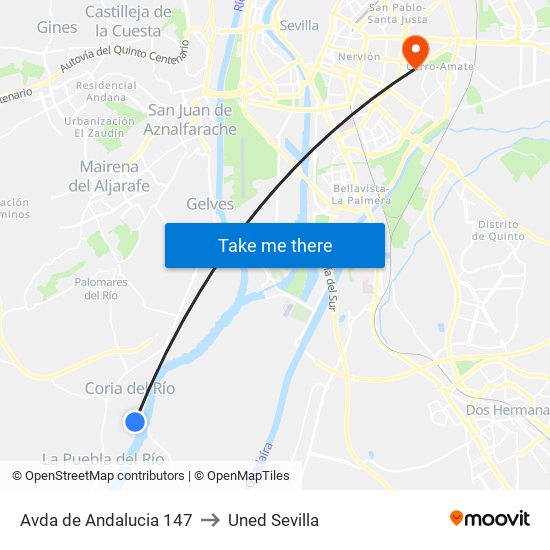 Avda de Andalucia 147 to Uned Sevilla map