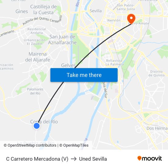 C Carretero Mercadona (V) to Uned Sevilla map