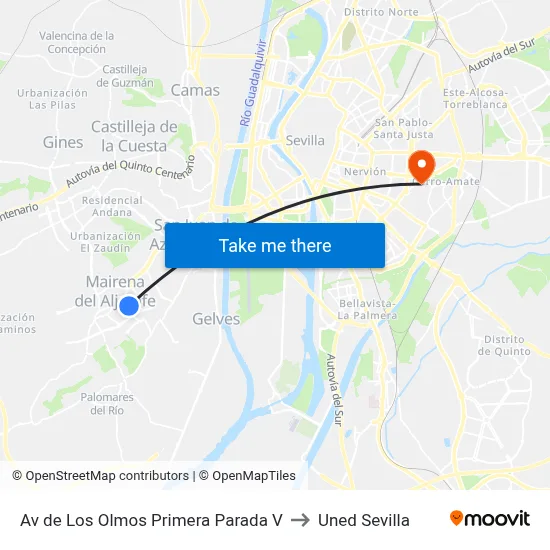 Av de Los Olmos Primera Parada V to Uned Sevilla map