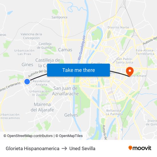 Glorieta Hispanoamerica to Uned Sevilla map