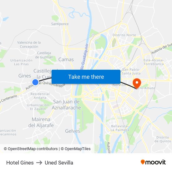 Hotel Gines to Uned Sevilla map