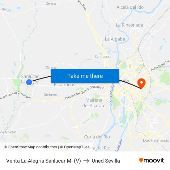 Venta La Alegria Sanlucar M. (V) to Uned Sevilla map