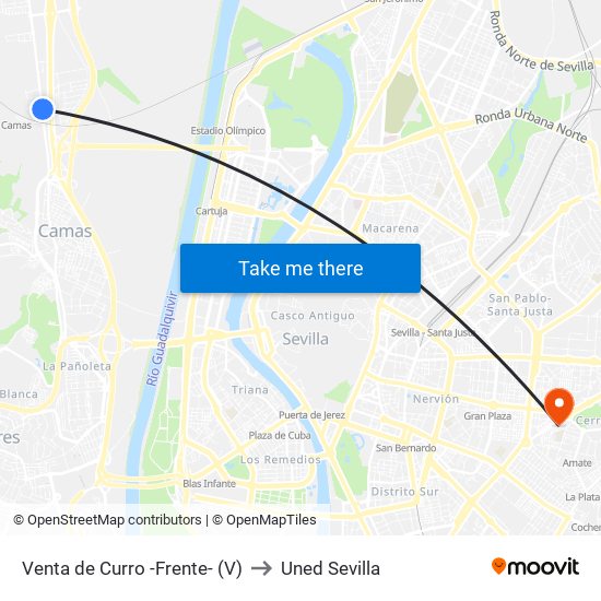 Venta de Curro -Frente- (V) to Uned Sevilla map