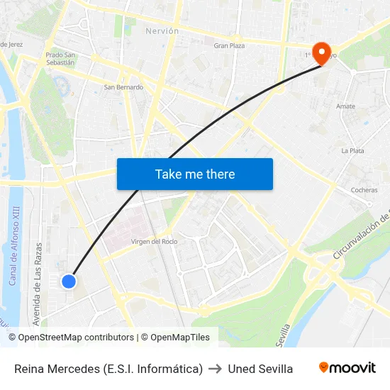 Reina Mercedes (E.S.I. Informática) to Uned Sevilla map