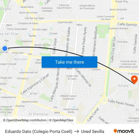 Eduardo Dato (Colegio Porta Coeli) to Uned Sevilla map