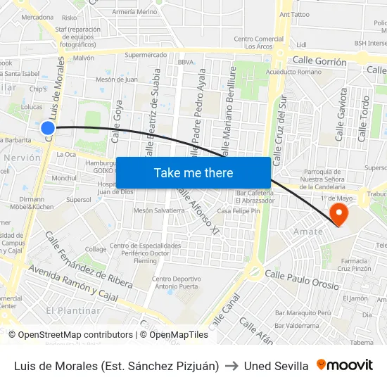 Luis de Morales (Est. Sánchez Pizjuán) to Uned Sevilla map