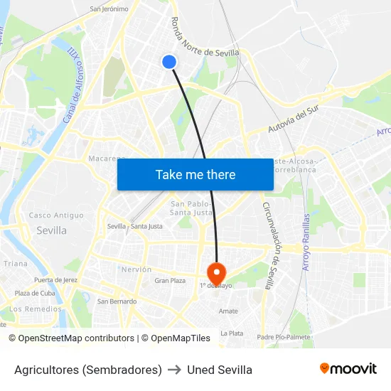 Agricultores (Sembradores) to Uned Sevilla map