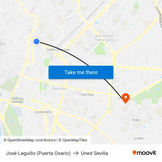 José Laguillo (Puerta Osario) to Uned Sevilla map