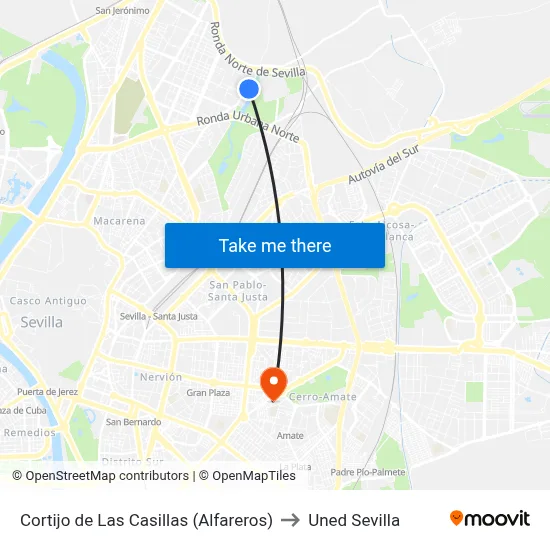Cortijo de Las Casillas (Alfareros) to Uned Sevilla map