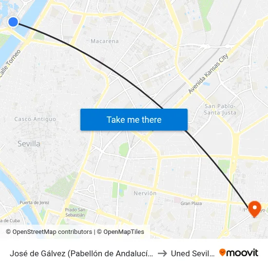 José de Gálvez (Pabellón de Andalucía) to Uned Sevilla map