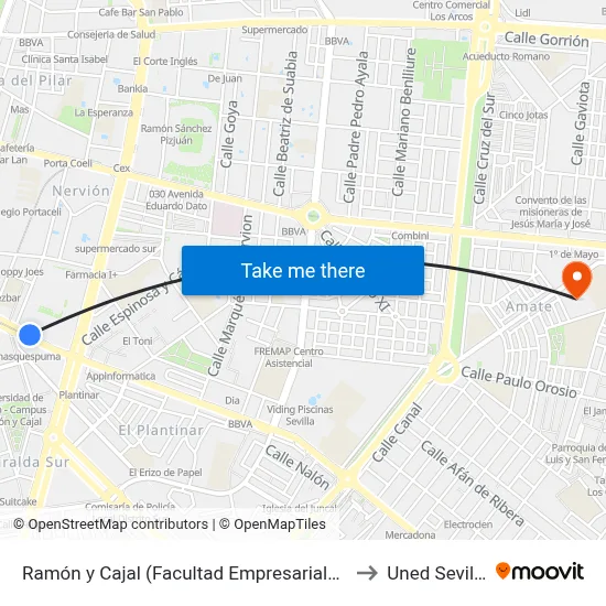 Ramón y Cajal (Facultad Empresariales) to Uned Sevilla map