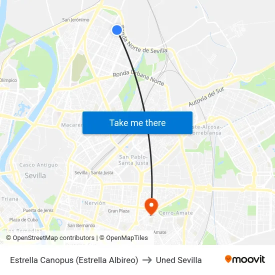 Estrella Canopus (Estrella Albireo) to Uned Sevilla map