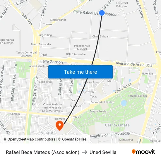 Rafael Beca Mateos (Asociacion) to Uned Sevilla map
