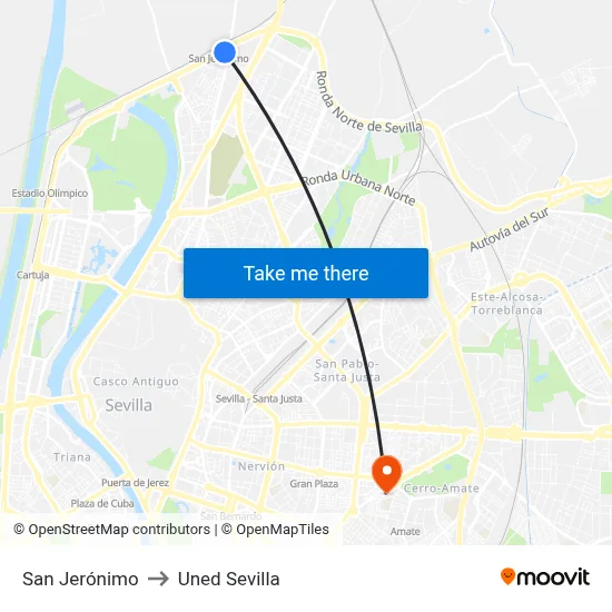 San Jerónimo to Uned Sevilla map