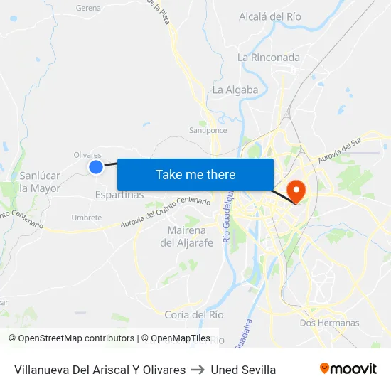 Villanueva Del Ariscal Y Olivares to Uned Sevilla map