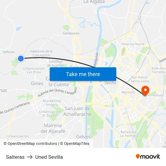 Salteras to Uned Sevilla map