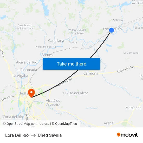 Lora Del Rio to Uned Sevilla map