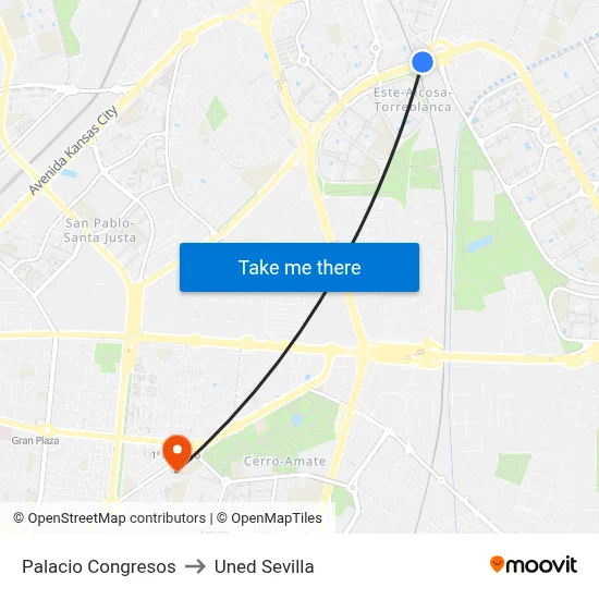 Palacio Congresos to Uned Sevilla map